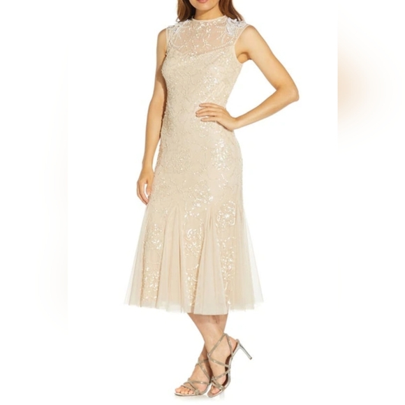 ADRIANNA PAPELL SLEEVELESS SEQUINED MIDI DRESS - Picture 1 of 3